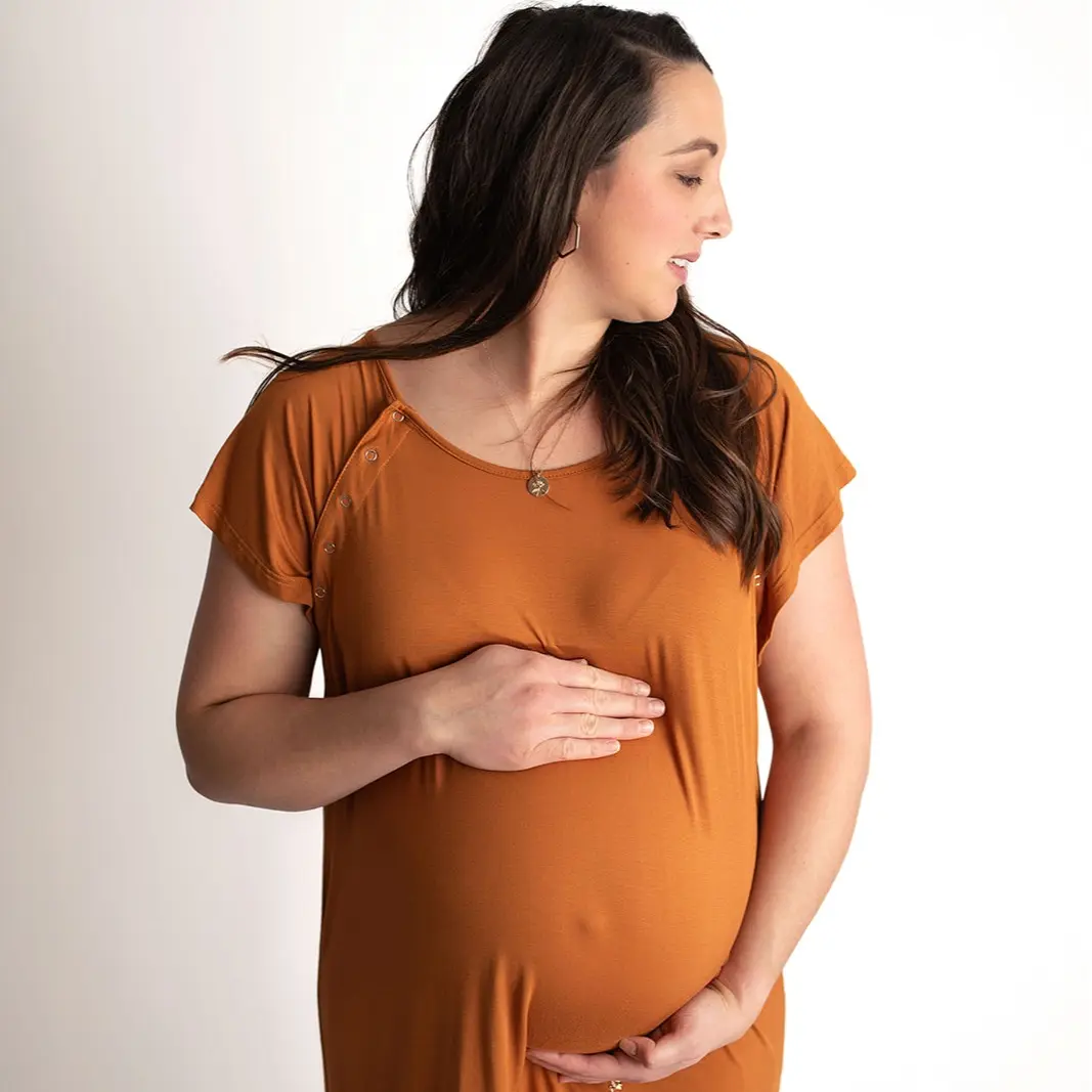 Three Little Tots Saddle Tan Neutral Mommy Labor and Delivery Nursing Hospital Gown with Easy Open Snaps