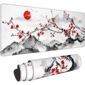 Watercolor Cherry Blossom Mouse Pad 24x14 Inch Pink Full Desk Japanese Sakura Mousepad Extended Large Non-Slip Rubber Base Waterproof Big Keyboard Mat with Stitched Edges for Gaming and Office