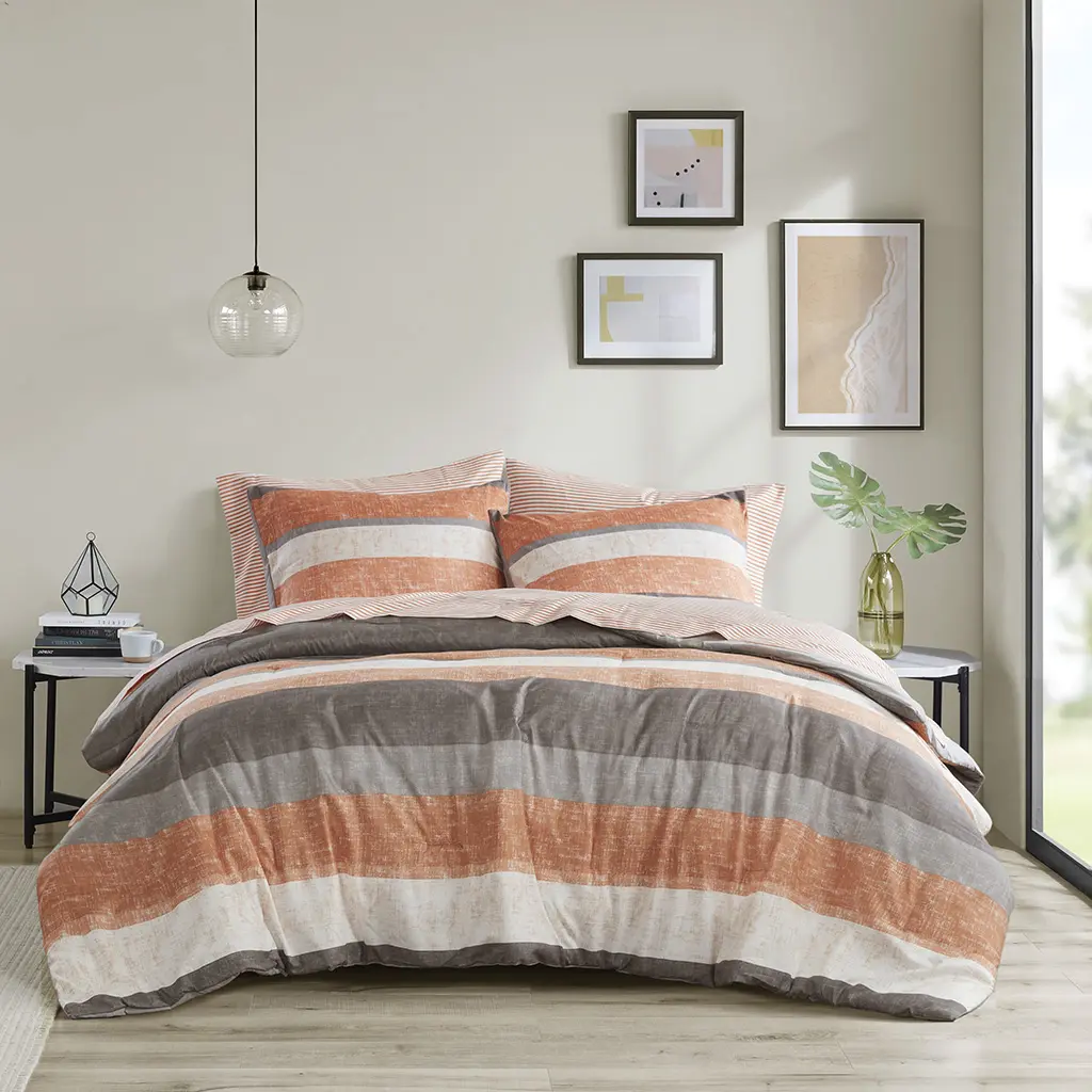 360 Stand California King Jaxon Stripe Print Comforter Set with Bed Sheets, Coral & Grey, 104x92x1.5in, Modern Polyester Fibers, Casual Vibe, Machine Washable (Madison Park MPE10-1077)