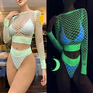 Glow In Dark Neon Light Luminous Sheer Fish Net 2 Piece Sets Jumpsuit Fashion Party Outfit     Costume Womenswear
