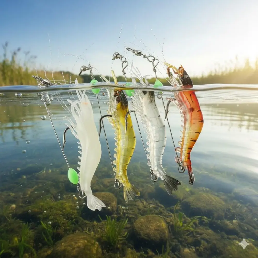 Glow-in-the-Dark Soft Fishing Lures with Glowing Jig - Self-Illuminating Silicone Shrimp Bait, Long Afterglow, Snag-Resistant Design for Saltwater & Freshwater. Ideal for Seabass, Perch, Trout & More. Eco-Friendly with Treble Hooks.