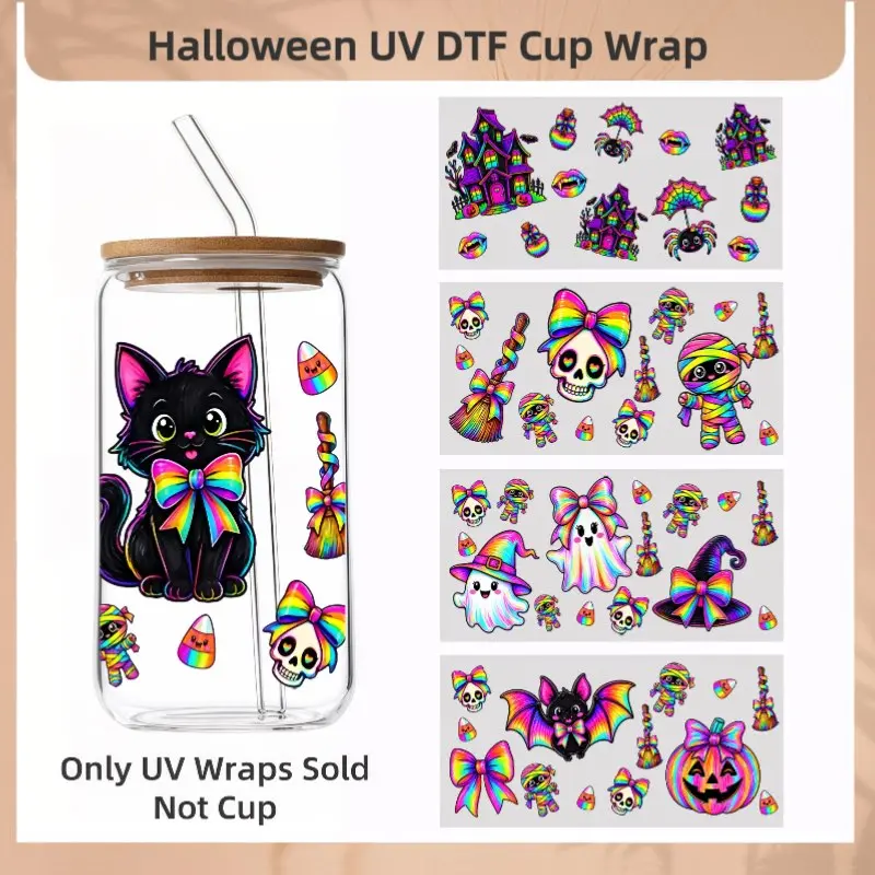 Neon Rainbow Halloween UV DTF Tumbler Wraps, Cute Ghost Mummy Black Cat Cold Transfer Stickers, DIY Cup Decals For 16oz Glass Can