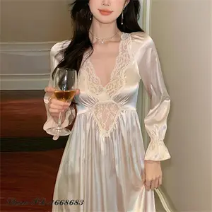Female Long Nightdress Retro French Court Style Princess Nightgown Sleepwear Spring Autumn Loose Rayon Home Clothes Lounge Wear