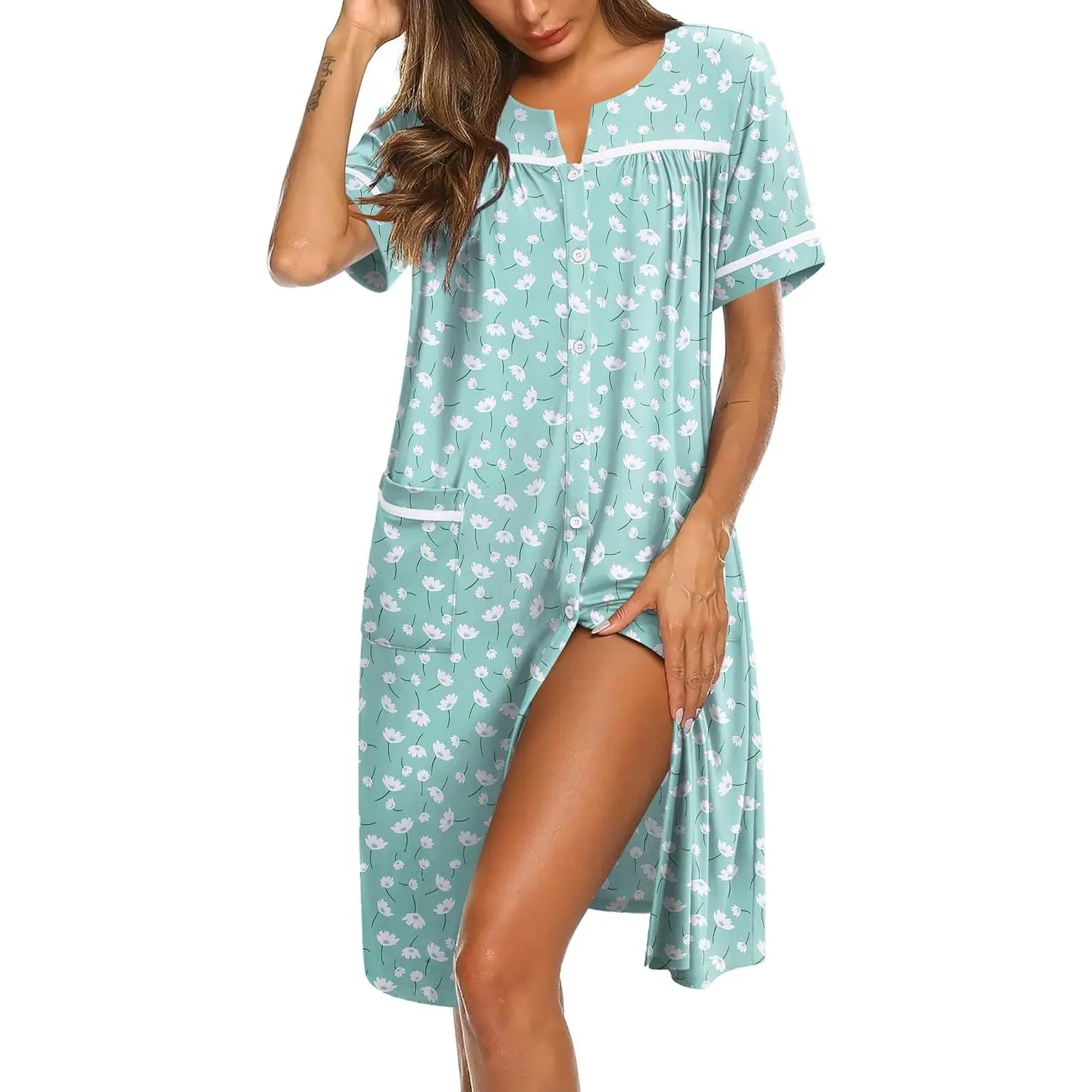 Nightgowns for Women House Dress with Pockets Button Down Sleepshirt Short Sleeve Nightshirt Housecoat S-XXXL