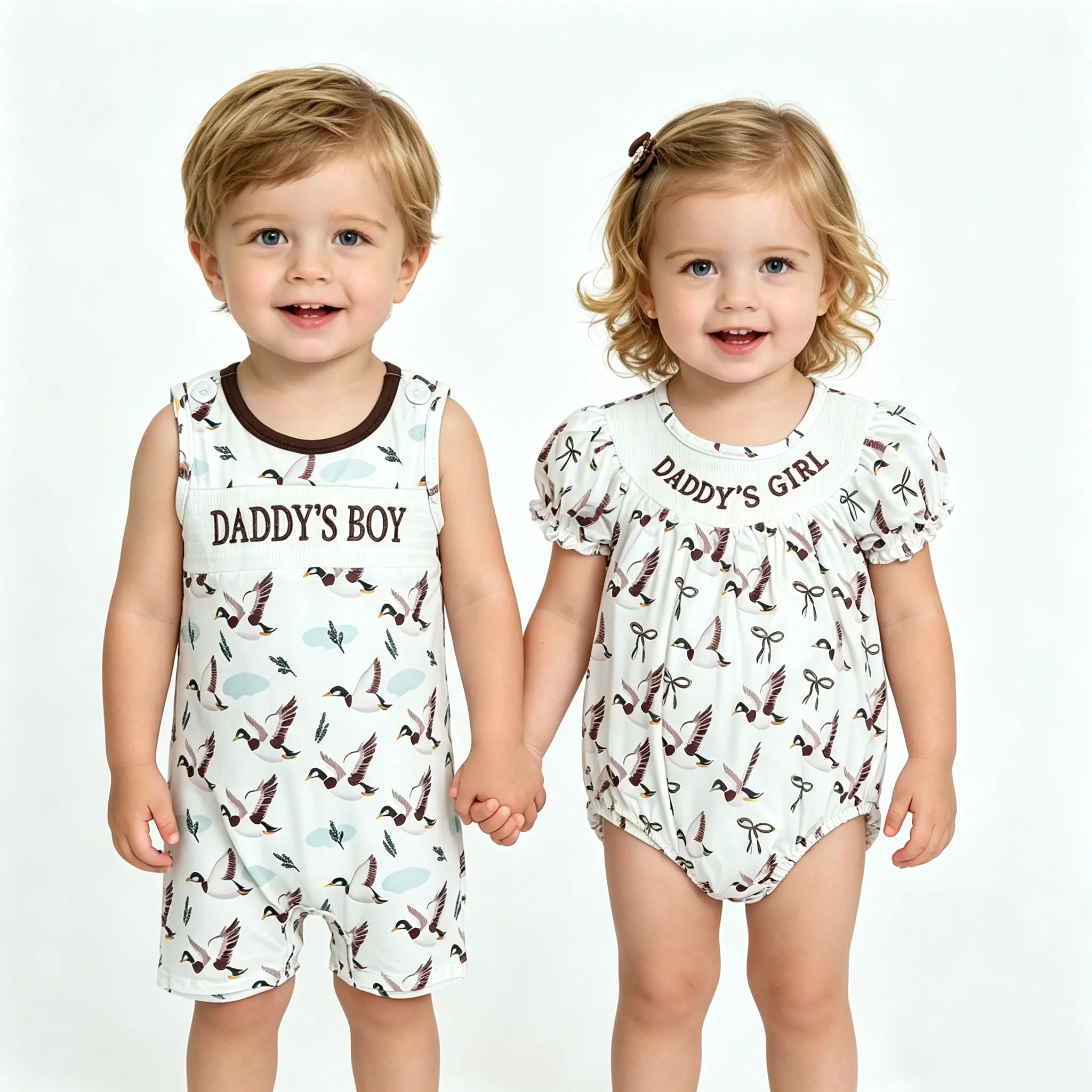 Kids' Milk Silk Twinning Romper Matching Outfits Set - Boy & Girl Sibling Duck Print, "Daddy's Boy"/"Daddy's Girl" Embroidery, Soft White Country Style True-to-Size Summer Outdoor Daily Outfit, Twinning Sets