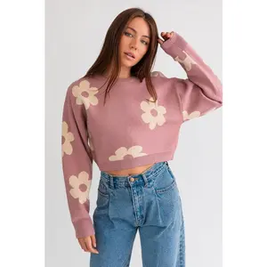 Long Sleeve Crop Sweater with Daisy Pattern