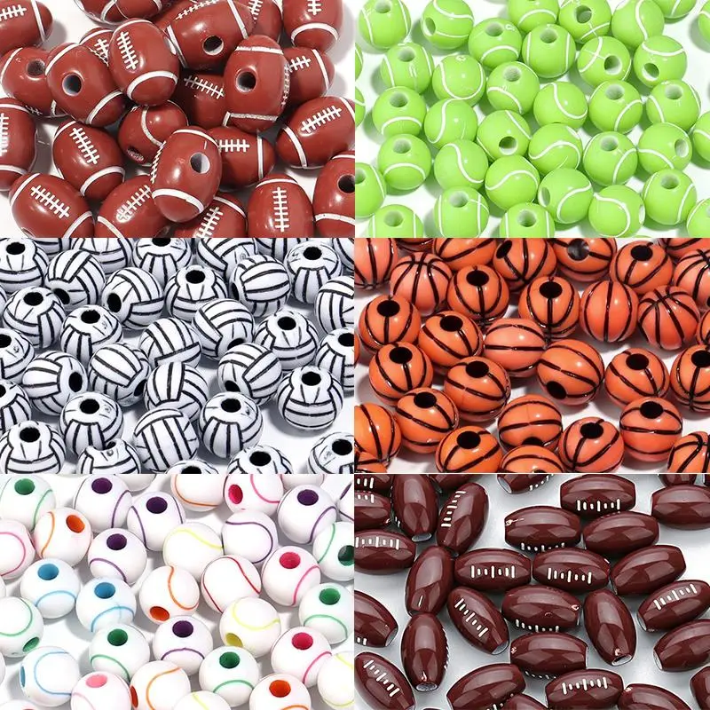50pcs/lot Sports Ball Acrylic Beads Big Hole Loose Beads Basketball Tennis Baseball Rugby Beads For DIY Jewelry Making Bracelet