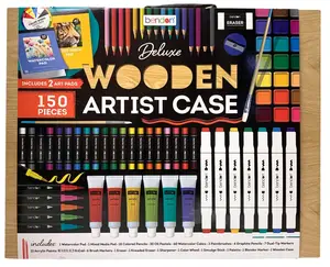Bendon Deluxe Wooden Artist Case, 150 Pieces, Includes 2 Art Pads Artist Painting, Sketching and Drawing Set, Watercolor Paint Colors, Brushes, Colored Pencils