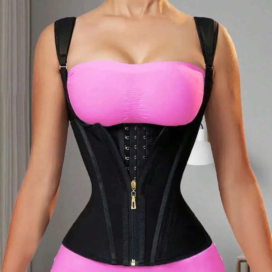 Women Adjustable Strap Waist Trainer Corset With Front Zipper & Hook Closure High Compression Tummy Control Body Shaper