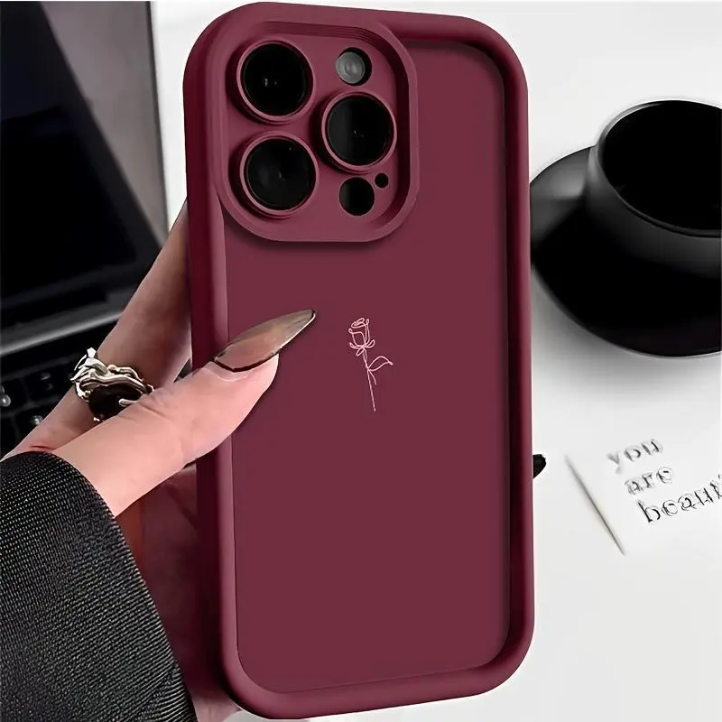 Simple Line Rose Wine Red Phone case for iPhone 17 16 Pro Max 15 Plus 14 13 12 11 XR XS Shockproof Silicone TPU Bumper Drop Protection Soft Cover Protective Cellphone