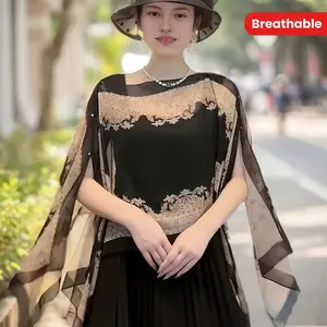 Women's Extra Large Size Thin Printed Shawl, Breathable and Loose Pullover Cloak, Spring and Summer Windproof Sun Protective Blouse Fitted Black Clothes Womenswear Uniforms Comfort Workwear