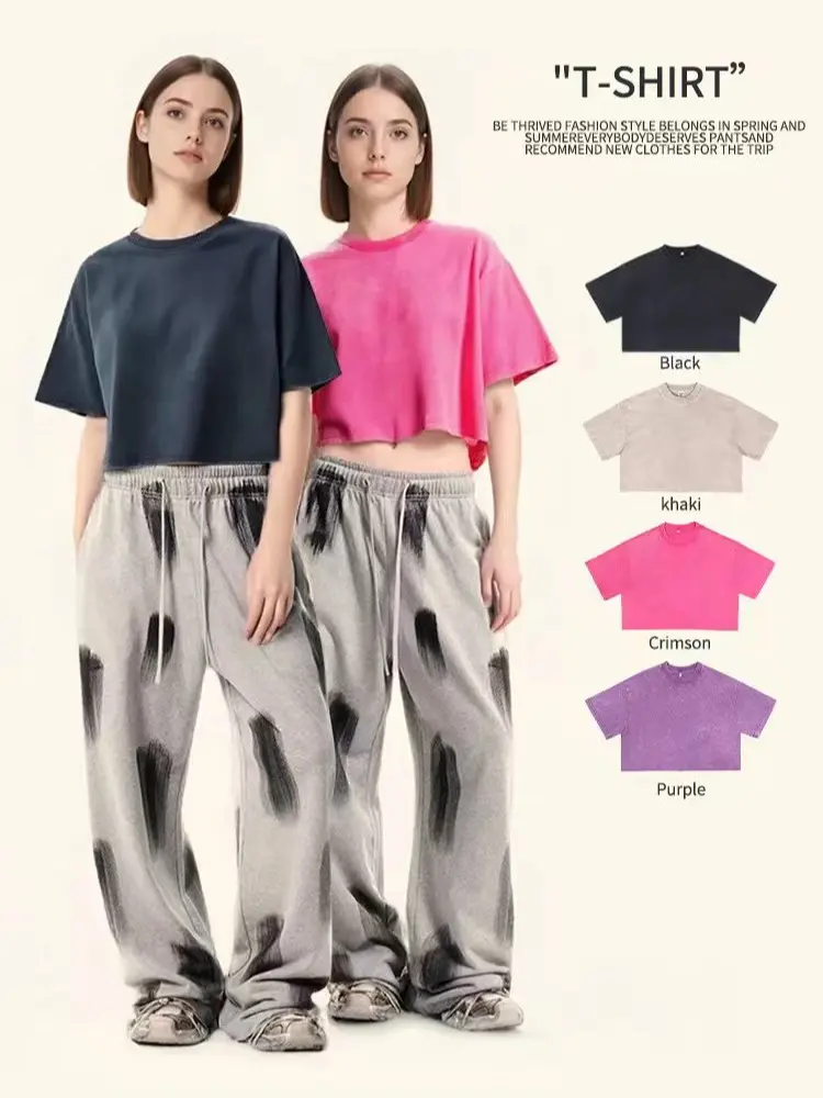 Solid-3 Color Crew Neck Cropped T-shirt for Women Summer Exposed Navel Cotton T-shirt Woman Loose Sports Short Sleeve Tees Tops