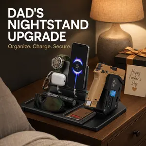 Father's Day Gift for Dad - ONNAIS Biometric Nightstand Organizer, EDC Valet Tray & Charging Station for Men
