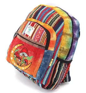 Himalayan Hemp Mini Backpack Moon Mushroom Embroidery, Tie Dye Boho Style