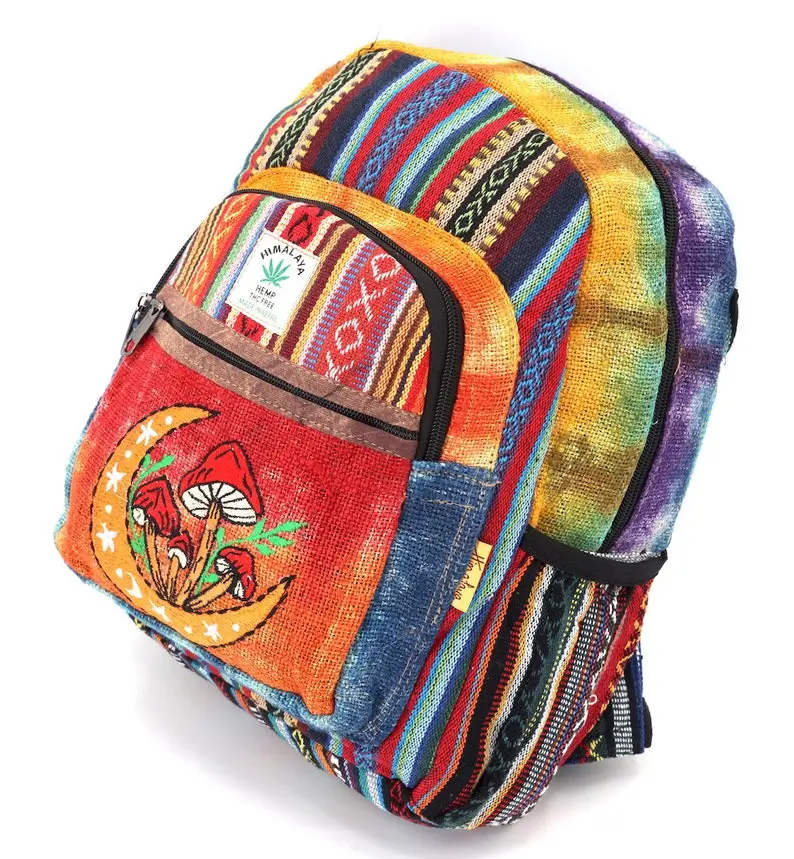 Himalayan Hemp Mini Backpack Moon Mushroom Embroidery, Tie Dye Boho Style