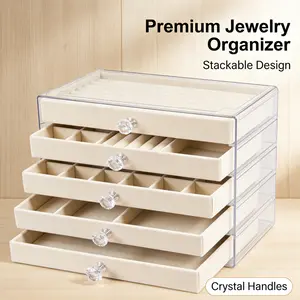 5 Layer Jewelry Organizer Box with Clear Lid, Stackable Jewelry Storage Case with Drawers for Rings Earrings Necklaces Watches, Elegant Vanity Desktop Organizer for Dresser Bedroom Countertop