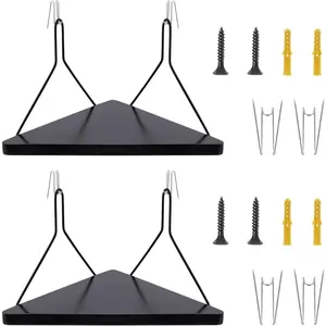 2 PCS 11.8" Black Fabric Wall Cubicle Shelf | Wooden Triangular Corner Shelf with Hooks | Office Display Storage Organizer for Small Planter Work Decor
