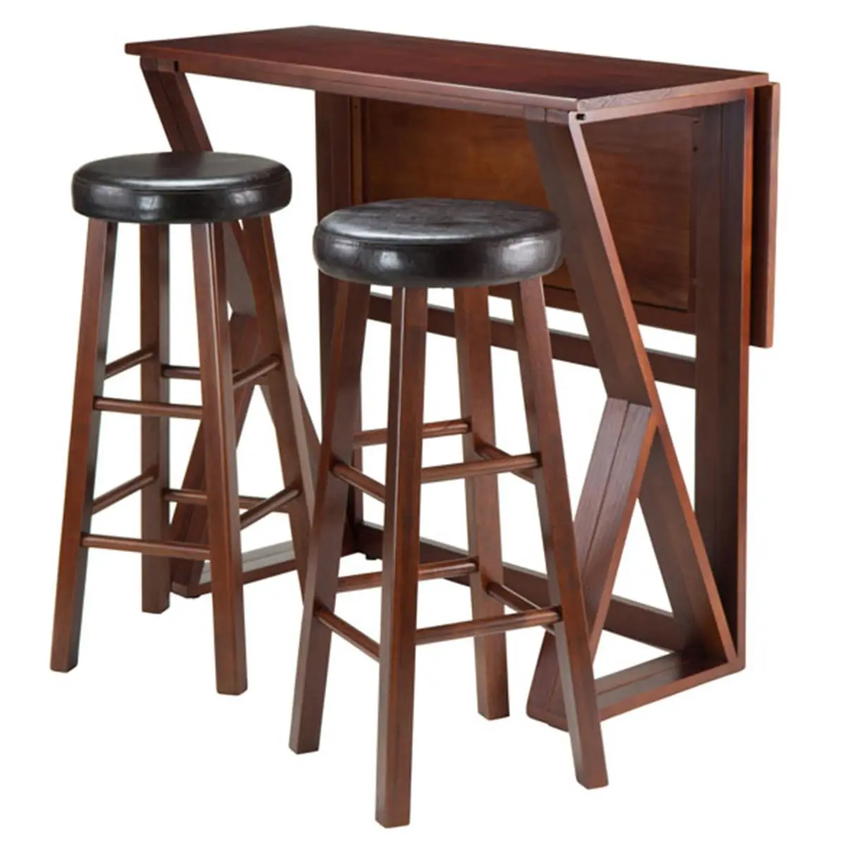 212 MAIN 3-Piece Indoor Home Bar Set - Antique Walnut Harrington Drop Leaves High Table (36.22x31.5x39.37 in.), 2 Cushioned 29 in. Round Seat Stools, Solid Wood Construction