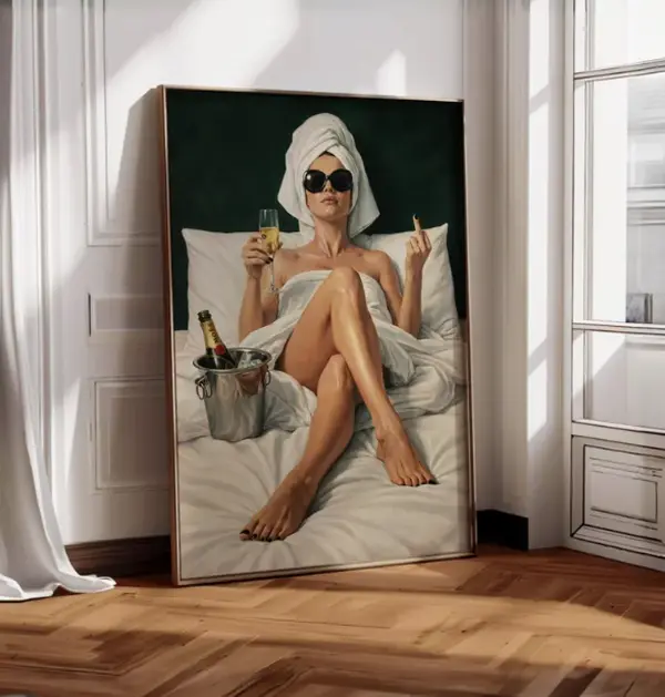 Sassy Luxury Champagne Print, Provocative Middle Finger Woman in Bed, Bold Seductive Wall Art Poster, Drama Queen, Old Money Girl [ NO FRAME ]