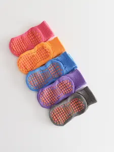 5 Pairs Kids Non-Slip Ankle Socks with Grip Sole, Sporty Design for Trampoline Exercise, All-Season Wear, Solid Pattern