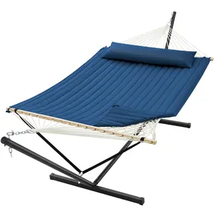 【Mothers'DayGift】SUPERJARE 12ft Double Hammock with Stand, Rope Hammock for 2 Person, Detachable Hammock Bed and Pillow, Portable, Anti-Tip Safety Ropes, Carry Bag, Outdoor Backyard Patio Camping,summervibes