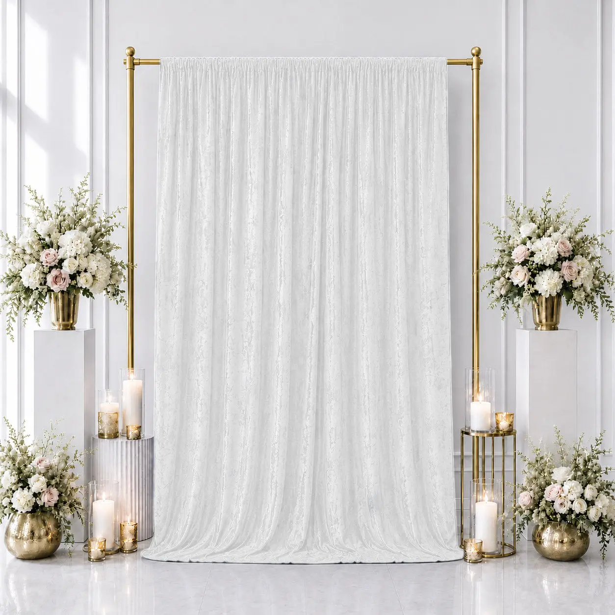 5ft x 12ft Premium Crushed Velvet Backdrop Curtain White – Event Drape Panel & Photo Booth Background with Rod Pocket, 70% Blackout