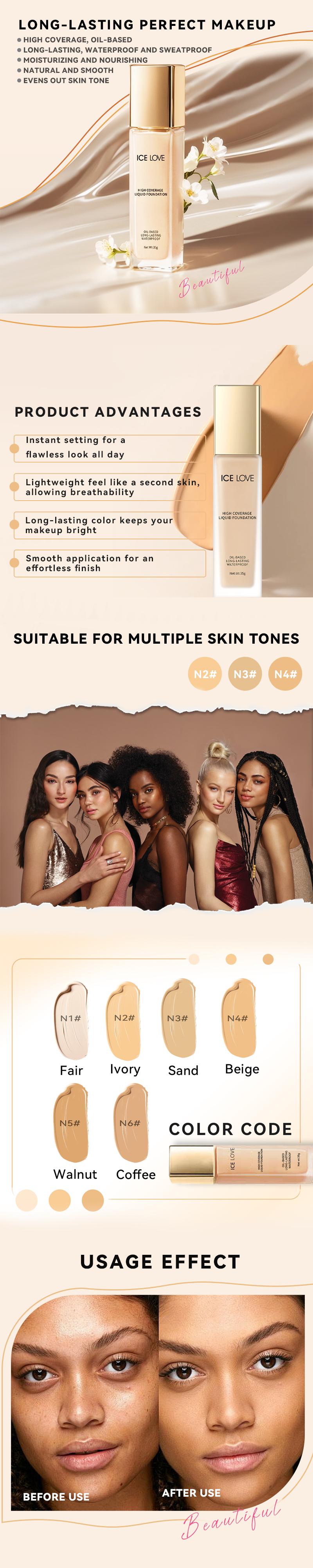 ICE LOVE liquid foundation，high coverage， long lasting，oilbase，waterproof，face makeup easy to wear