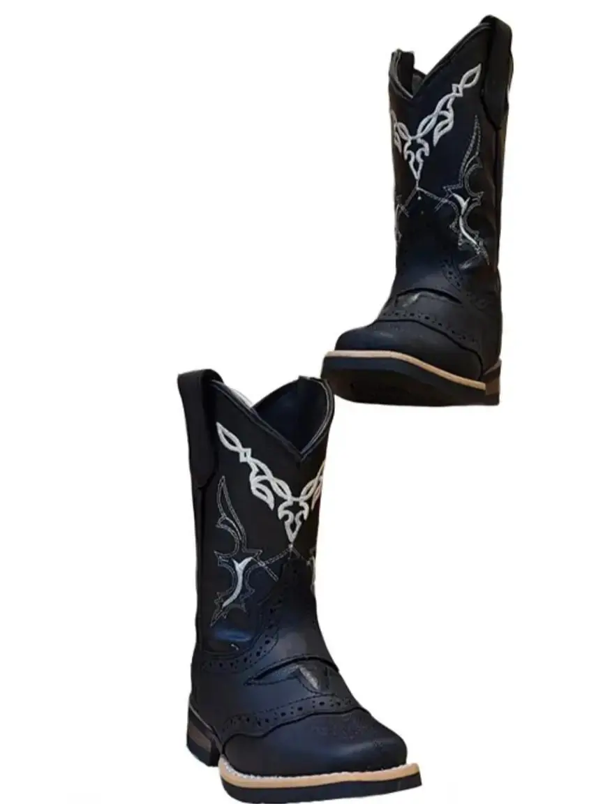 White Dimond Women's Juvenile Cowboy Boots - Black-White Thorned, Block Heel Leather Footwear Shoe