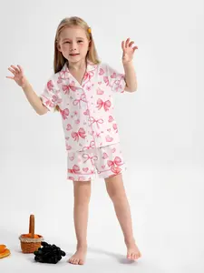 Fire-Resistant Fabric Pajama Set, Nightwear, Pjs, Loungewear, Cute Cartoon Print, Short Sleeve Button Front Top & Elastic Shorts, All Seasons Wear