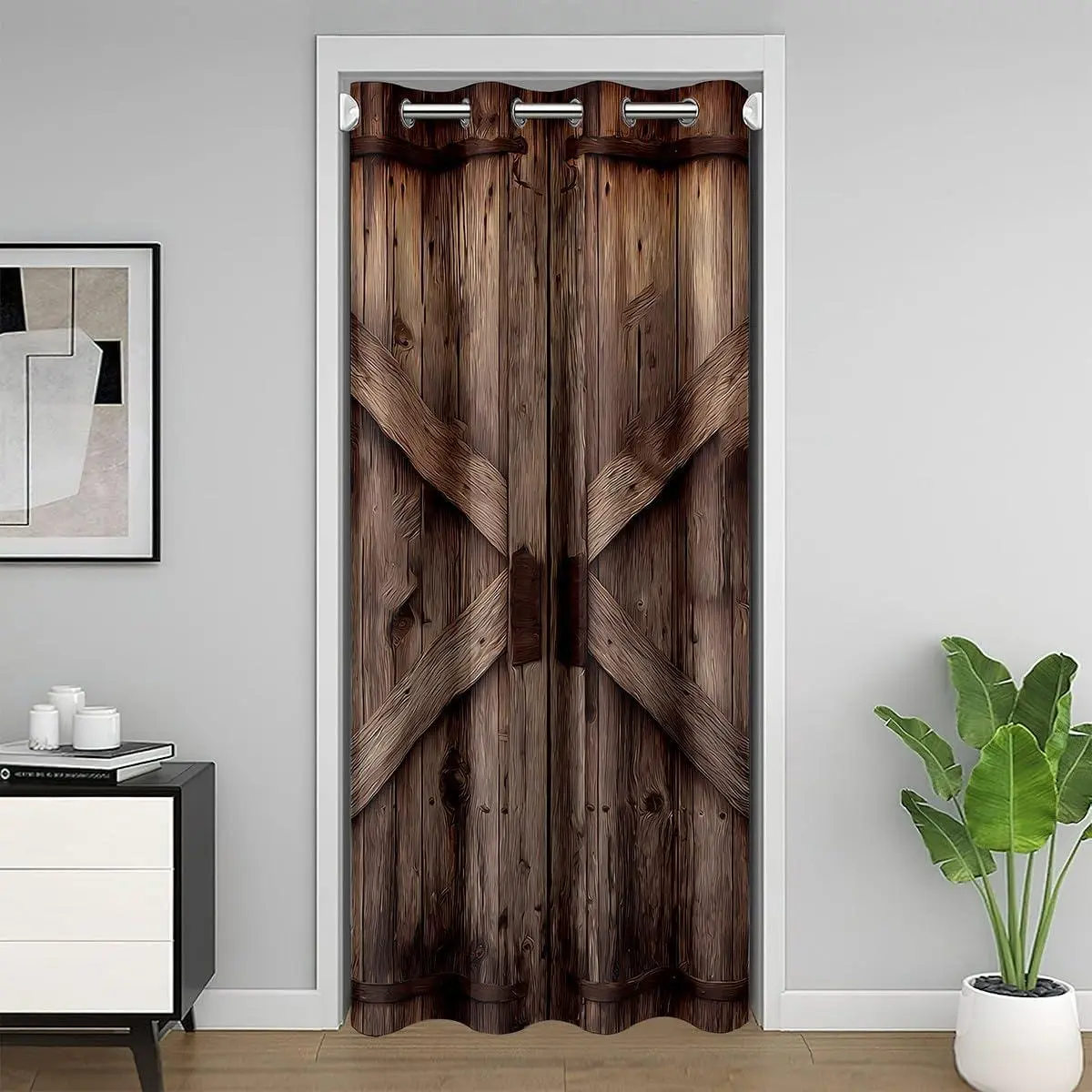 Adults Vintage Wood Barn Door Door Curtain Doorway Privacy,Farmhouse Country Closet Door Cover Curtain Bedroom Living Room,Barn Rural Village Brown Window Treatments