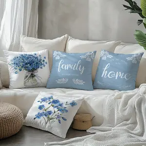 4pcs Light Blue Floral Illustration Pillowcases, Single-Sided Printed Pillowcases, Double-Sided Printing, Without Pillow Inserts, Polyester Fabric, Suitable For Home Decor In The Living Room Sofa And Bedroom