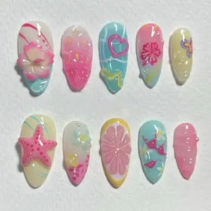 Summer Fresh Press-On Nails, Pearl Starfish Design, Blue Gradient Bubble Water Powder, Removable Nail Art, Party Wearable