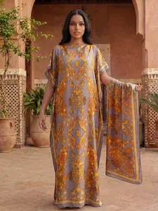 Women's Elegant Tribal Pattern Long Dress & Shawl Set, Beach Coverup Scarf for All Seasons, Sun Protection Silk Wrap Beachwear