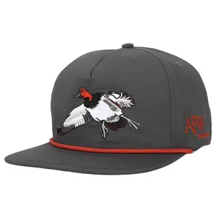 The Canvasback Ripstop Rope Hat - Black with Red Strap, Featuring a Bird Design, Model: AFW Adjustable Snapback Cap