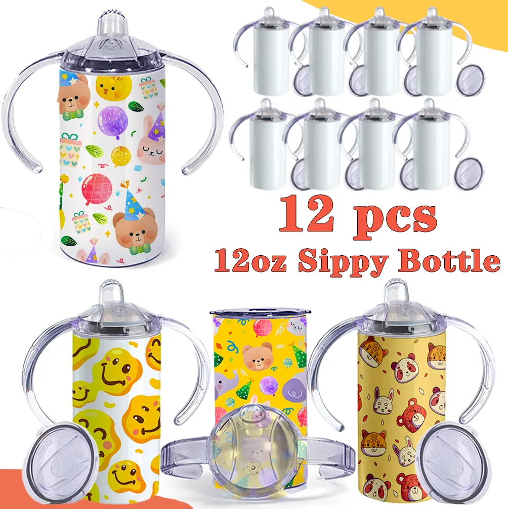 12PCS 12oz Sublimation Sippy Cups Bulk Toddler Training Cups for Personalized Baby Gifts