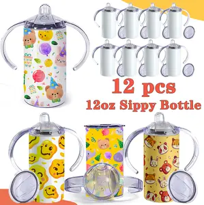 12PCS 12oz Sublimation Sippy Cups Bulk Toddler Training Cups for Personalized Baby Gifts