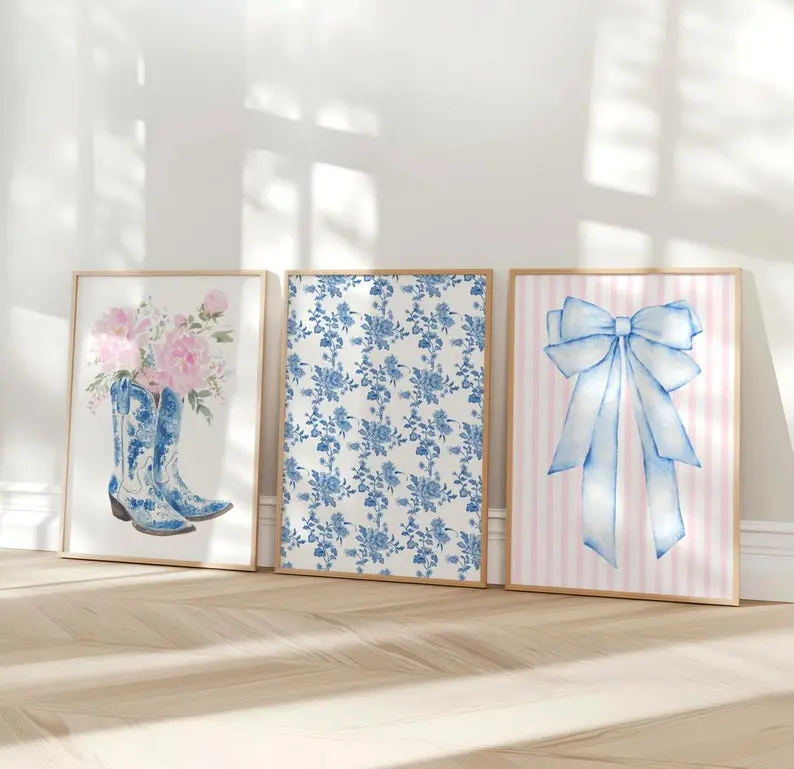 Pink and Blue Coquette Wall Art Set of 3, Preppy Grandmillennial Decor, Blue Bow Chinoiserie Gallery Wall Trendy Dorm Aesthetic, Art