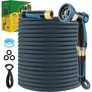 Non-Expandable Garden Hose 100 FT, Lightweight Hose with 10 Function  Nozzle, Kink-Free Flexible Water Hose, Durable, Leak-Proof, 360? Swivel Connectors, Portable Storage Strap