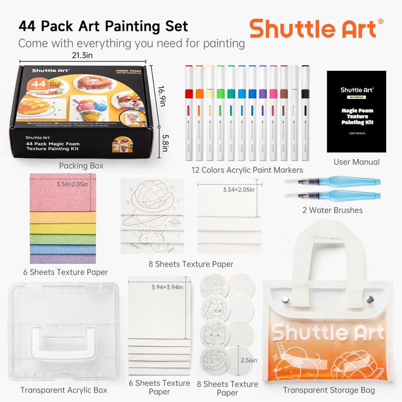 Bundle Clearance 44 Pcs Magic Foam Texture Painting Kit, Including 28 Pcs Foam Texture Paper, 12 Colors Brush Tip Automatic Ink Control Acrylic Paint Markers, Magical 3D Effect Painting Kit for DIY Arts,toys, toy,Crafts,gift, Handcraft, Handicraft