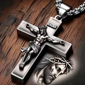 Bold Jesus Cross Pendant Necklace, Detailed Crucifix Design, Chain Included, Perfect for Religious Occasions, Streetwear & Statement Everyday Outfits men's jewelry