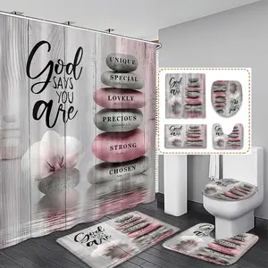 Creative Religious Healing Shower Curtain Set, God Says You Are Theme, Includes 12 Plastic Hooks, Non-Slip Mat, Toilet Lid Pad, Home Bathroom Decor