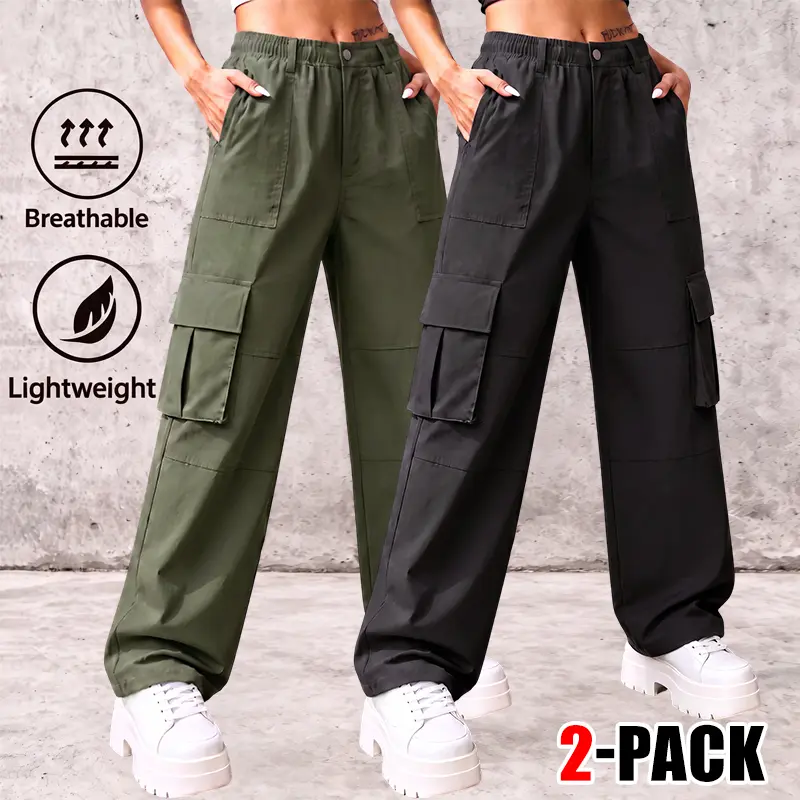 Women’s 2-pack lightweight cargo pants for spring/autumn, fashionable casual athletic style, multi-pocket design, solid color and minimalist, suitable for outdoor sports and everyday stylish outfits.