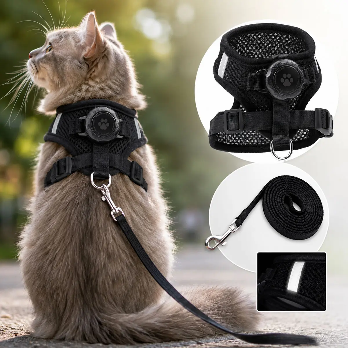 Escape Proof AirTag Harness and Leash Set for Cats & Small Dogs - Durable Reflective Vest, Integrated Waterproof Tracker Holder, Fully Adjustable (Black), Durable Reflective Harness