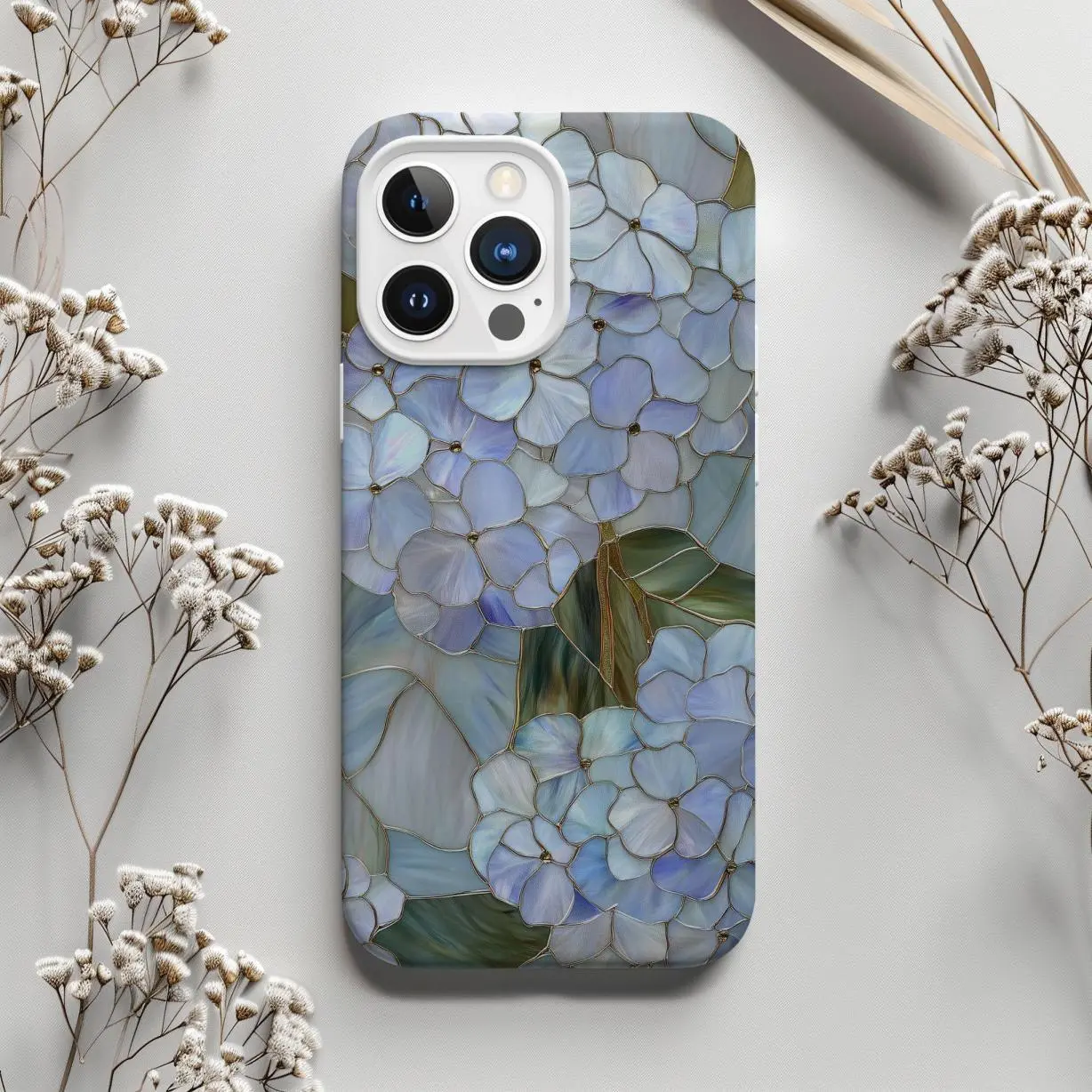 Stained Glass Style Blue Hydrangea Vintage Silicone Cellphone Case - Custom Made-to-Order, Durable Shockproof Polycarbonate Shell, Camera-Safe, Heavy Duty Protection for iPhone 14,13-17,16 Plus Handheld Devices Accessories