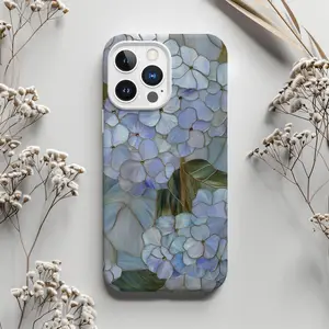 Blue Hydrangea Stained Glass Style Phone Case Wildflower Floral Artful Aesthetic Vintage Gift Iphone 13 14 15 16 17 Casing Tough Cellphone Protection