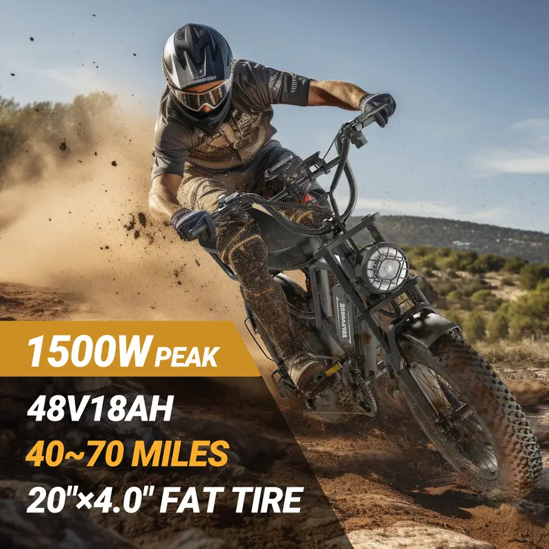 VOLTVOGUE Electric Bike Peak Power 1500W Full Suspension E-Motorcycle, Top Speed 31MPH, Range 40-55 Miles, 48V 15.6Ah Removable Battery, 2-Seater, LED Headlights, 20-Inch All-Terrain Fat Tires, UL 2849 Certified【 BK20】