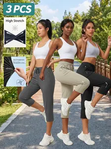 3-Pack Women’s High Stretch, Skin-Friendly Yoga Capris — Summer Ice Silk, Quick Dry, Zipper Pockets, Loose Fit that Flatter, Versatile for Home, Sports, and Casual Wear