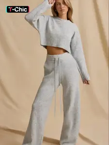 Women's Solid-Color Cropped Knit Sweater Set, Long Sleeve Loose-Fitting Pullover and Pants, Warm for Autumn Winter, Simple Casual Basic Knitted Two-Piece Outfit Womenswear