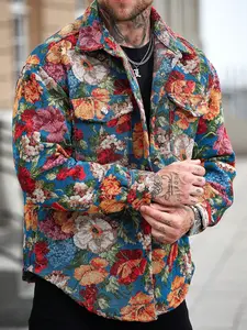 Men's Floral Jacquard Jacket, Casual Button Vintage Workwear Shirt Coat, with Pockets, Stylish Outerwear for Everyday Wear