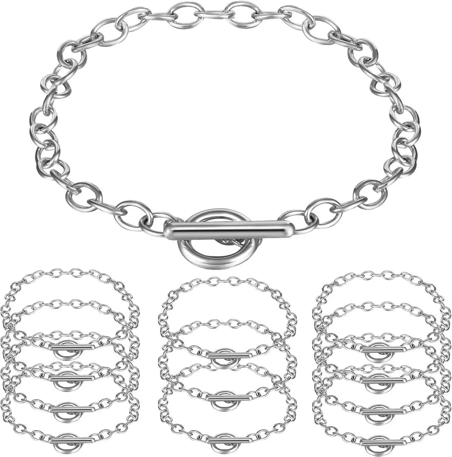 12-Piece Bulk Silver Plated Chain Bracelets Set with OT Toggle Clasp Alloy Charms, Unisex DIY Jewelry Making Kit for Fall Halloween Gifts, Crafts Supplies, Bulk Set, Alloy Metal